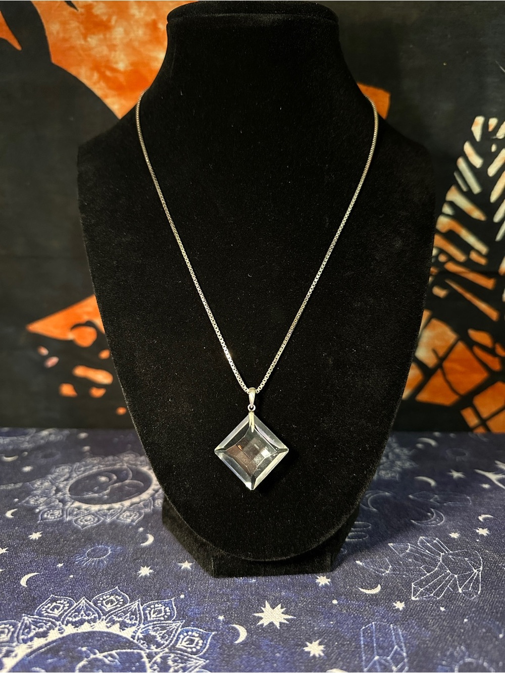 Silver Tone Square Crystal Pendant Necklace - Clear
